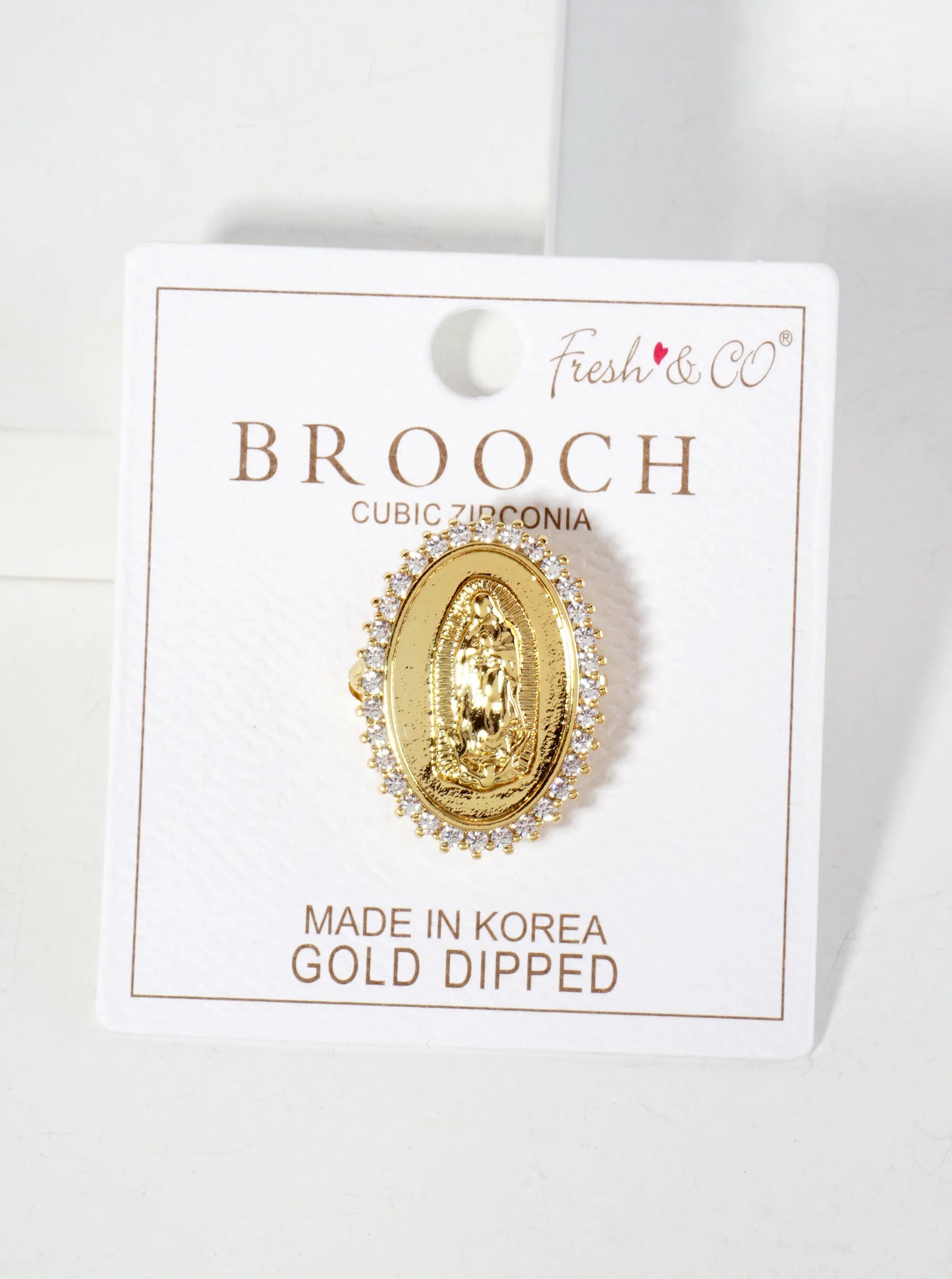 18K-Gold-Dipped 1-inch Virgin-Mary Brooch In Oval Frame Cubic-Zirconia Pave-Detailing-on-the-Edges