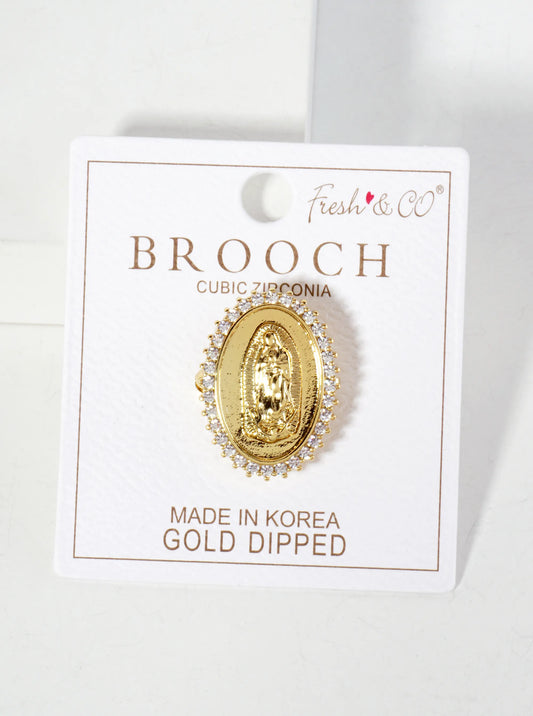 18K-Gold-Dipped 1-inch Virgin-Mary Brooch In Oval Frame Cubic-Zirconia Pave-Detailing-on-the-Edges