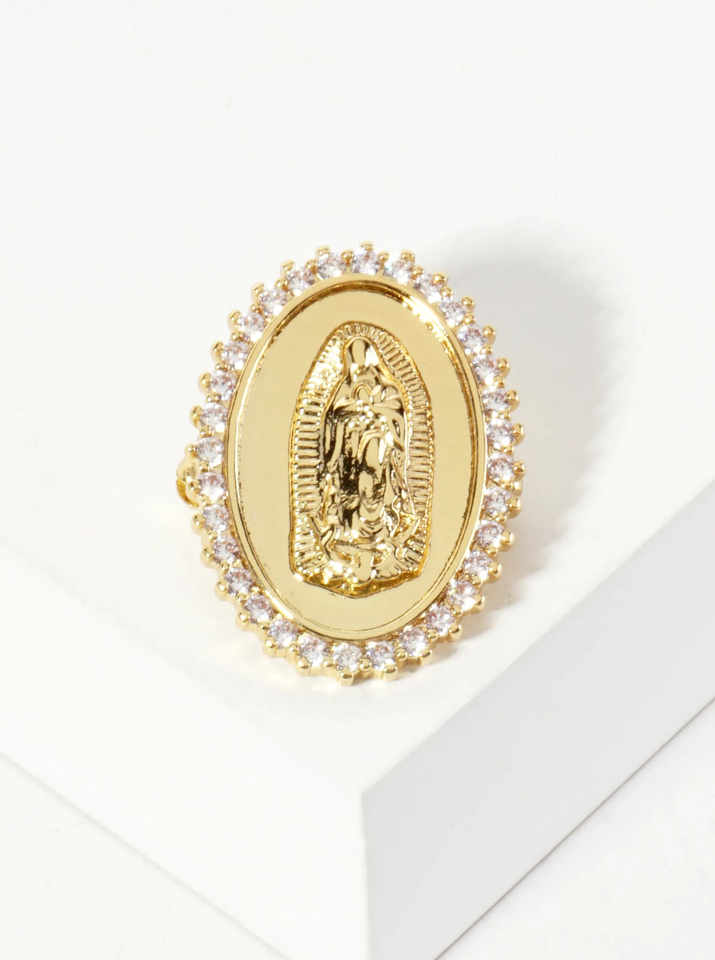 18K-Gold-Dipped 1-inch Virgin-Mary Brooch In Oval Frame Cubic-Zirconia Pave-Detailing-on-the-Edges