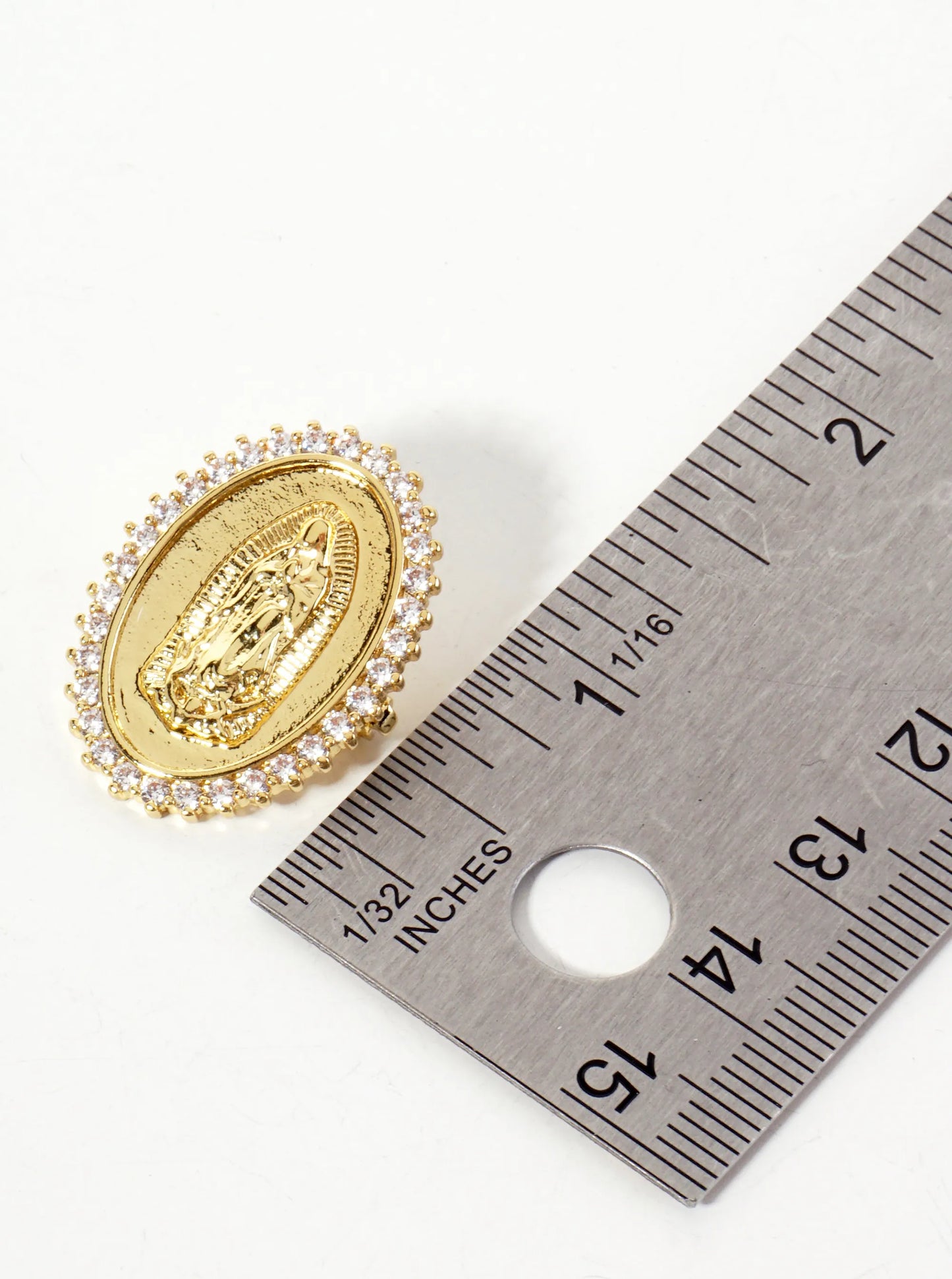 18K-Gold-Dipped 1-inch Virgin-Mary Brooch In Oval Frame Cubic-Zirconia Pave-Detailing-on-the-Edges