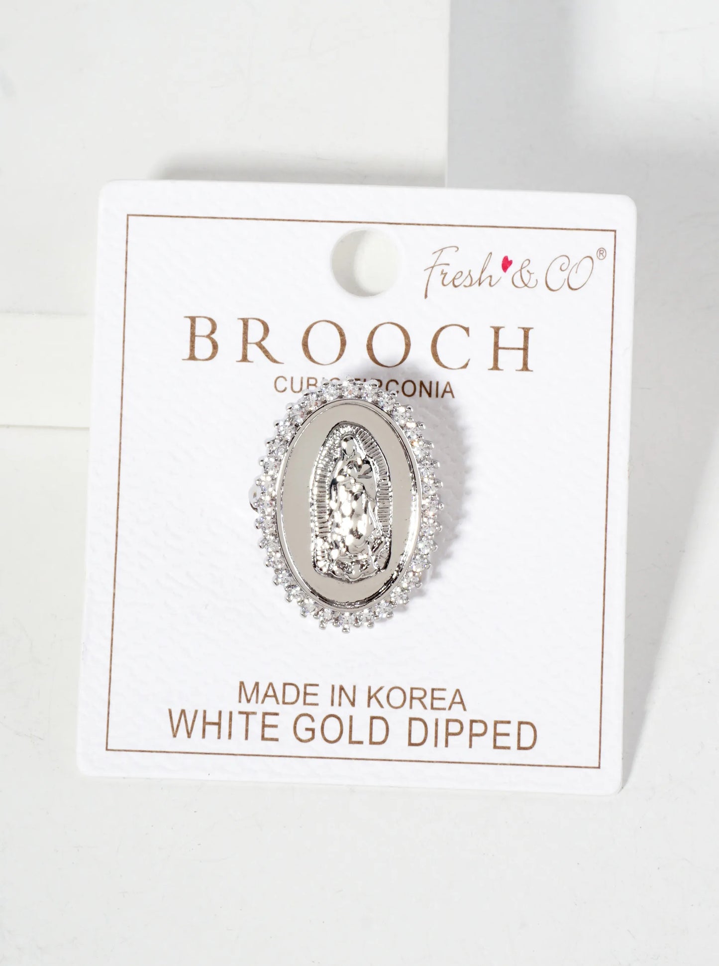 18K-Gold-Dipped 1-inch Virgin-Mary Brooch In Oval Frame Cubic-Zirconia Pave-Detailing-on-the-Edges