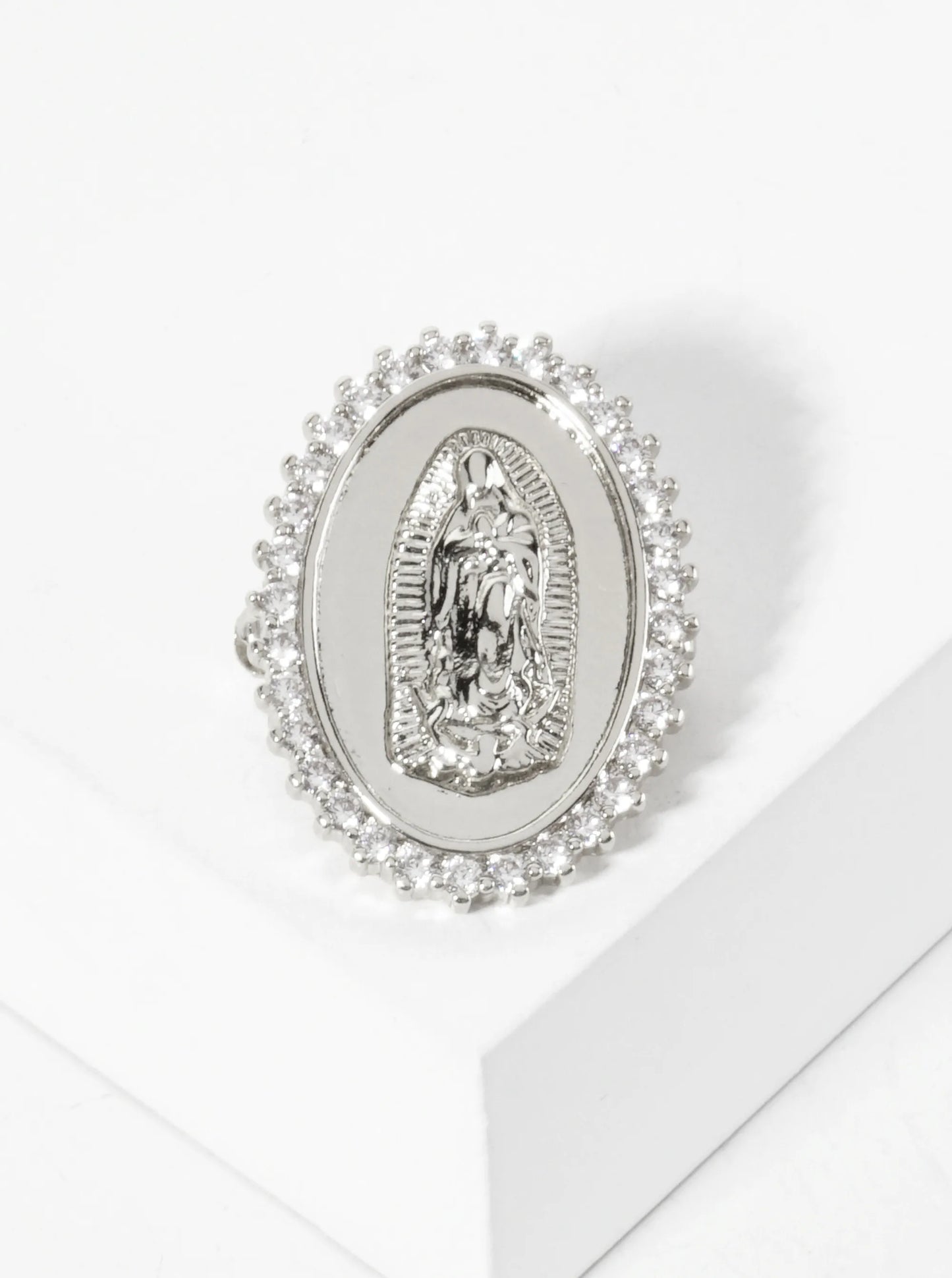 18K-Gold-Dipped 1-inch Virgin-Mary Brooch In Oval Frame Cubic-Zirconia Pave-Detailing-on-the-Edges