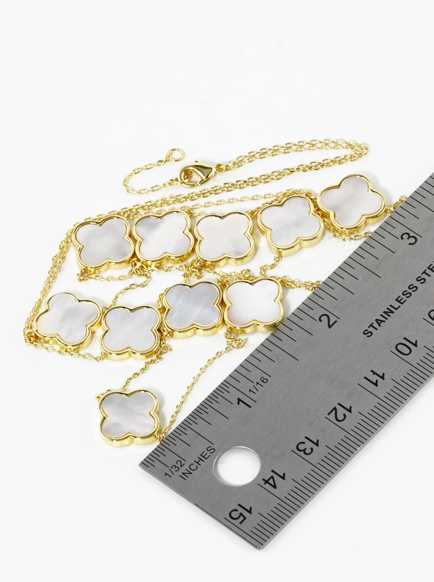 18K Gold Dipped 10 Quatrefoil 32 Inch Long Station Necklace