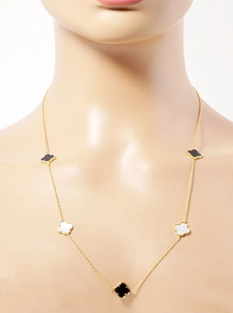 18K Gold Dipped 10mm 5 Semi-Precious Quatrefoil Pendant 24 Inch Long Station Necklace