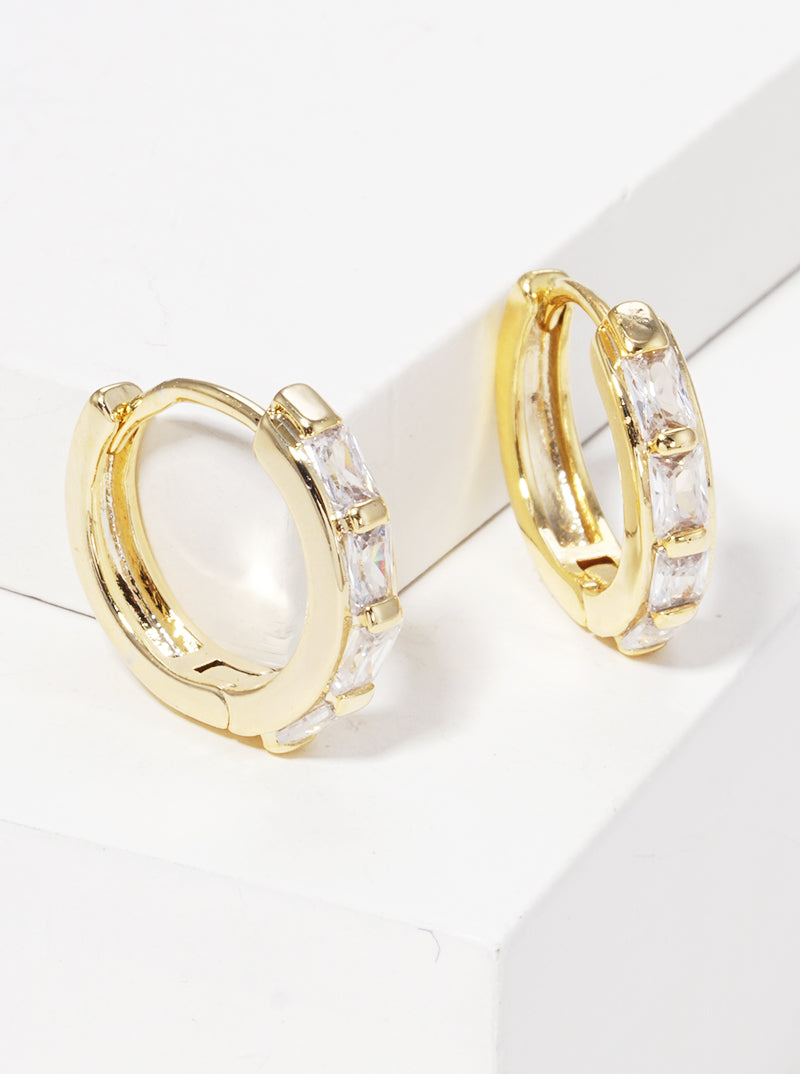 18K Gold Dipped 10mm Baguette CZ Studded Huggie Hoop Earrings