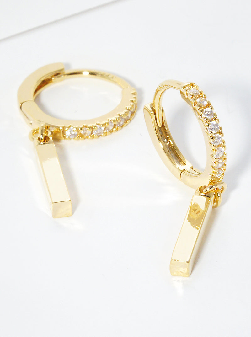 18K Gold Dipped 10mm CZ Pave Huggie Hoop Earrings With Bar Drop