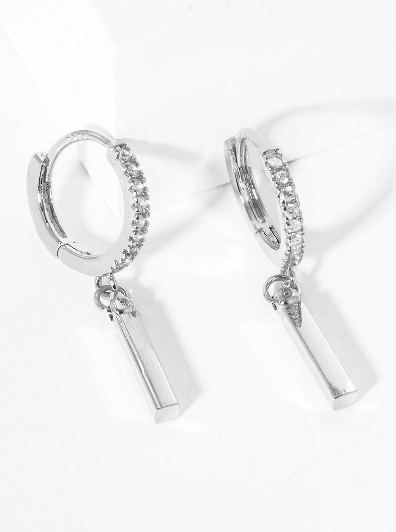 18K Gold Dipped 10mm CZ Pave Huggie Hoop Earrings With Bar Drop