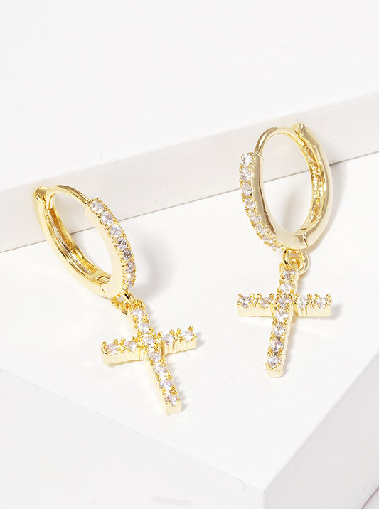 18K Gold Dipped 10mm CZ Pave Huggie Hoop Earrings With Cross Drop