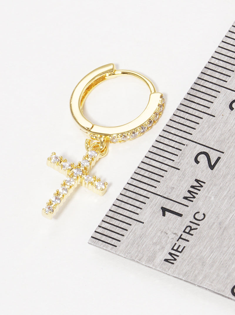18K Gold Dipped 10mm CZ Pave Huggie Hoop Earrings With Cross Drop