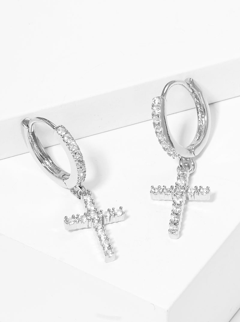 18K Gold Dipped 10mm CZ Pave Huggie Hoop Earrings With Cross Drop