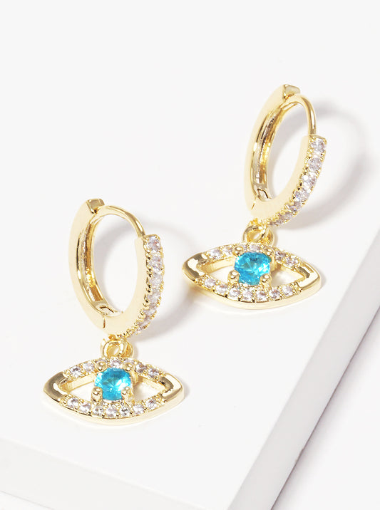 18K Gold Dipped 10mm CZ Pave Huggie Hoop Earrings With Evil Eye Drop