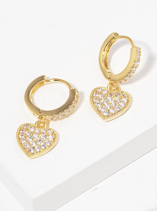 18K Gold Dipped 10mm CZ Pave Huggie Hoop Earrings With Heart Drop