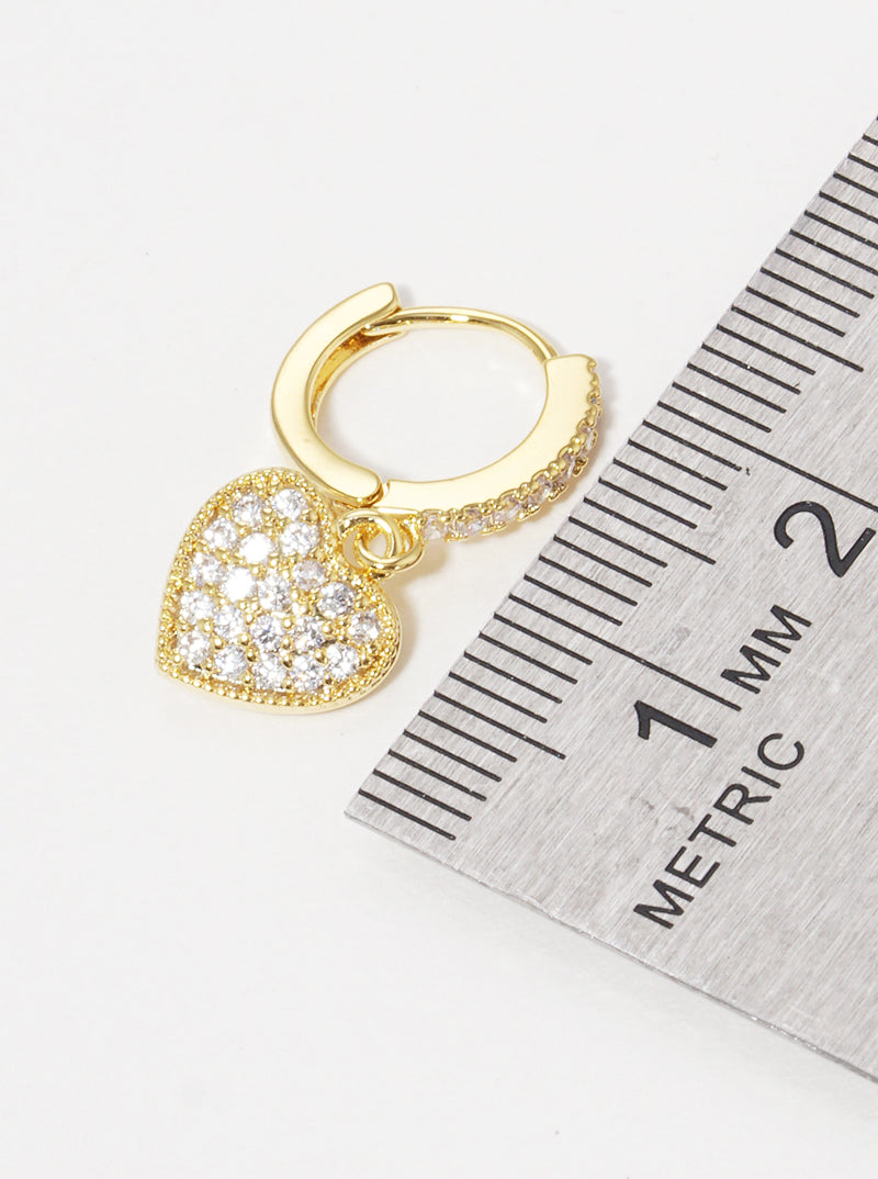 18K Gold Dipped 10mm CZ Pave Huggie Hoop Earrings With Heart Drop