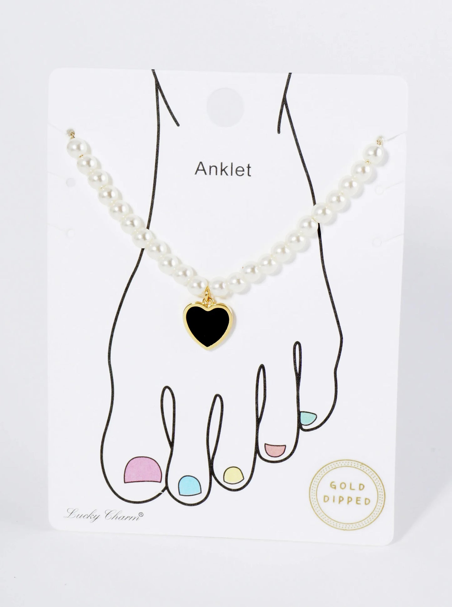 18K Gold Dipped 10mm Enamel Heart Charm Pearl Chain Anklet