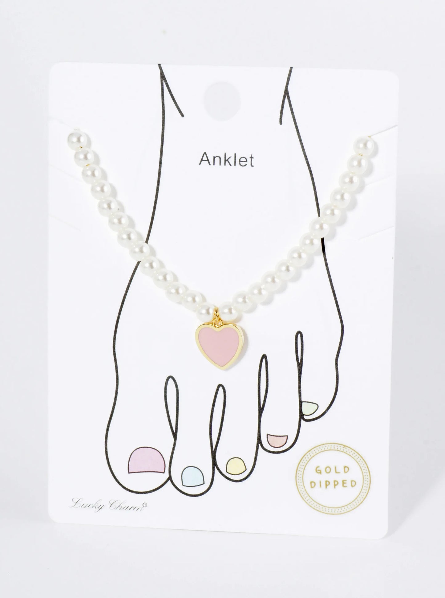 18K Gold Dipped 10mm Enamel Heart Charm Pearl Chain Anklet