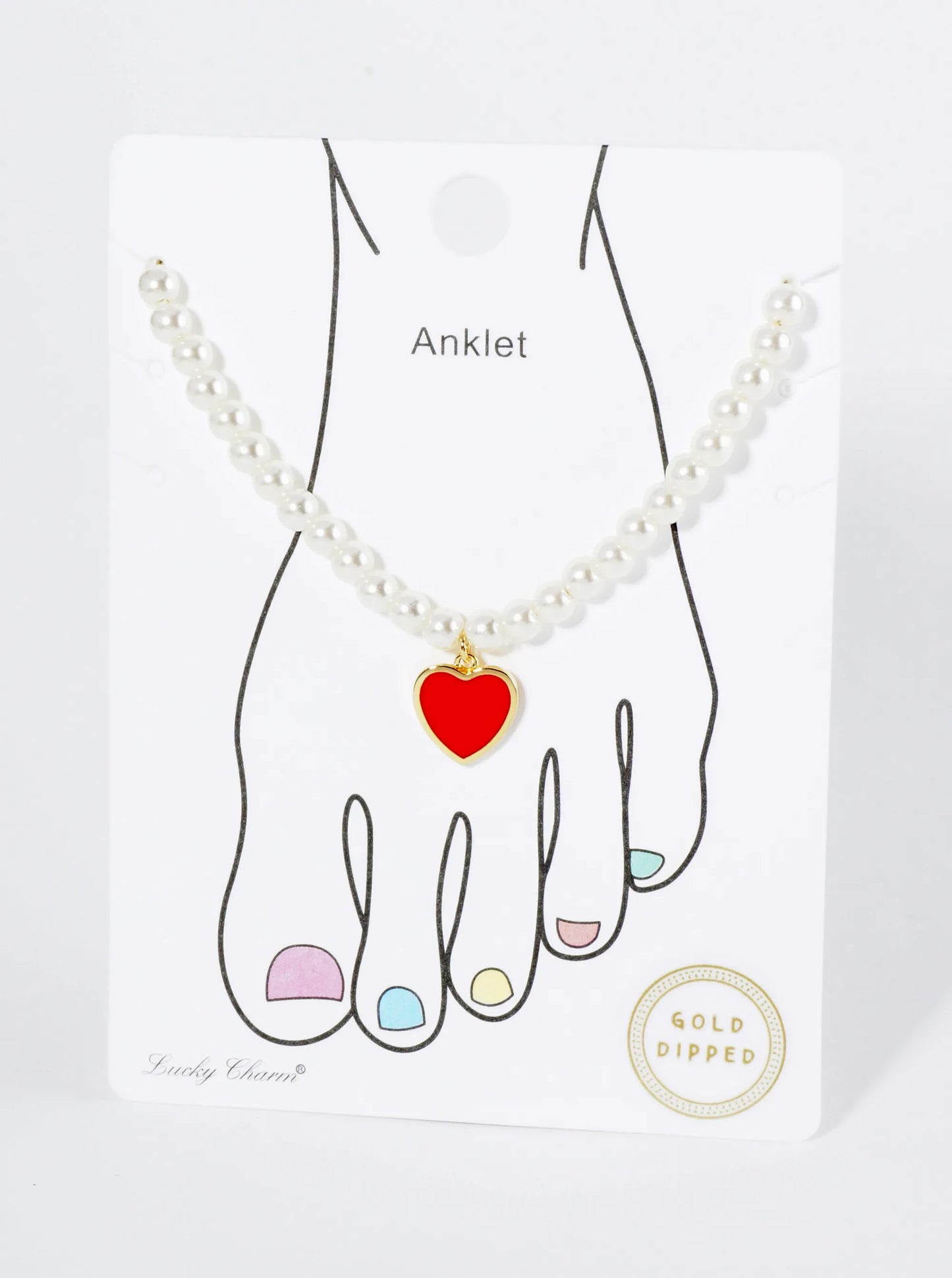 18K Gold Dipped 10mm Enamel Heart Charm Pearl Chain Anklet