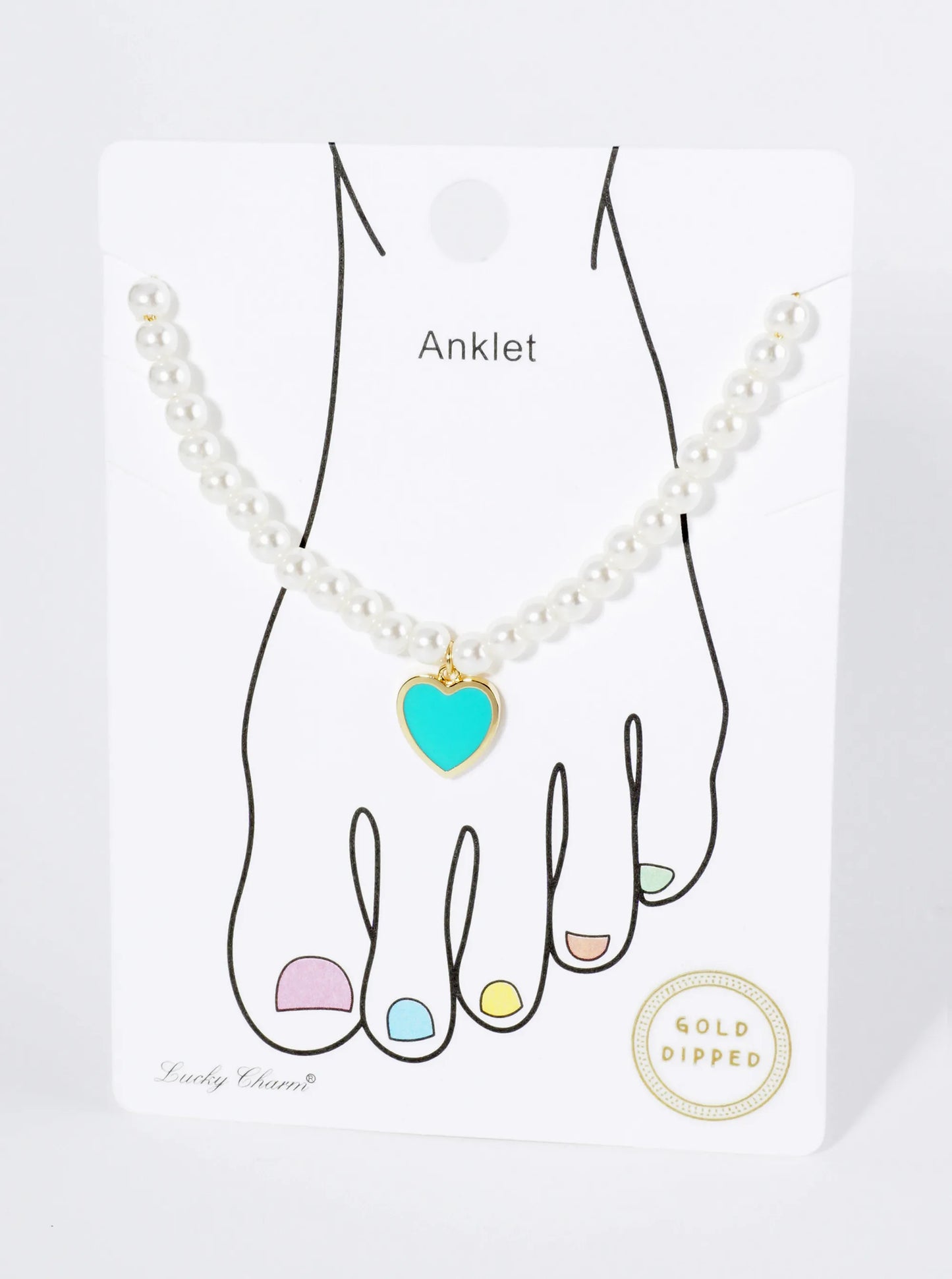 18K Gold Dipped 10mm Enamel Heart Charm Pearl Chain Anklet