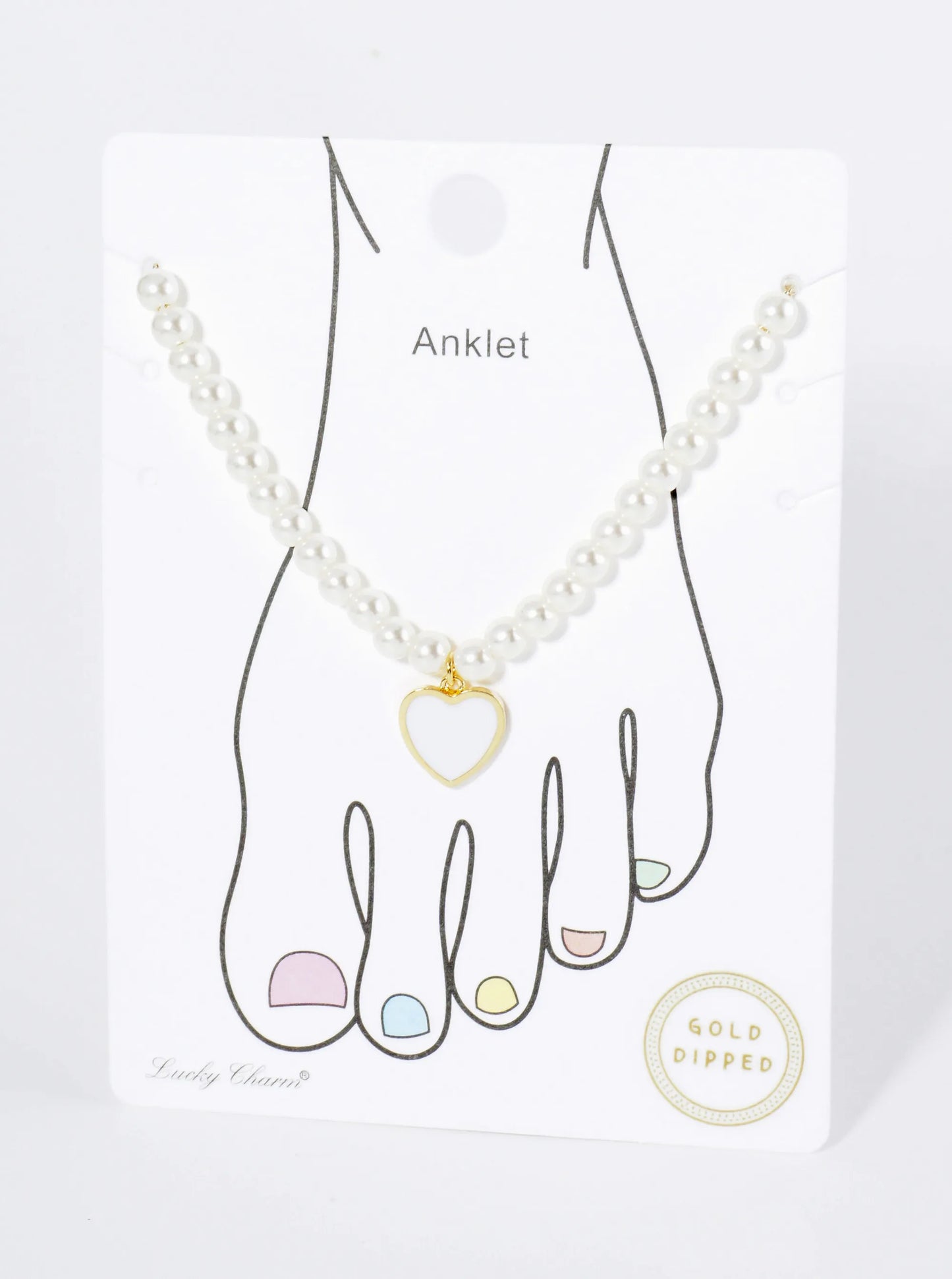 18K Gold Dipped 10mm Enamel Heart Charm Pearl Chain Anklet