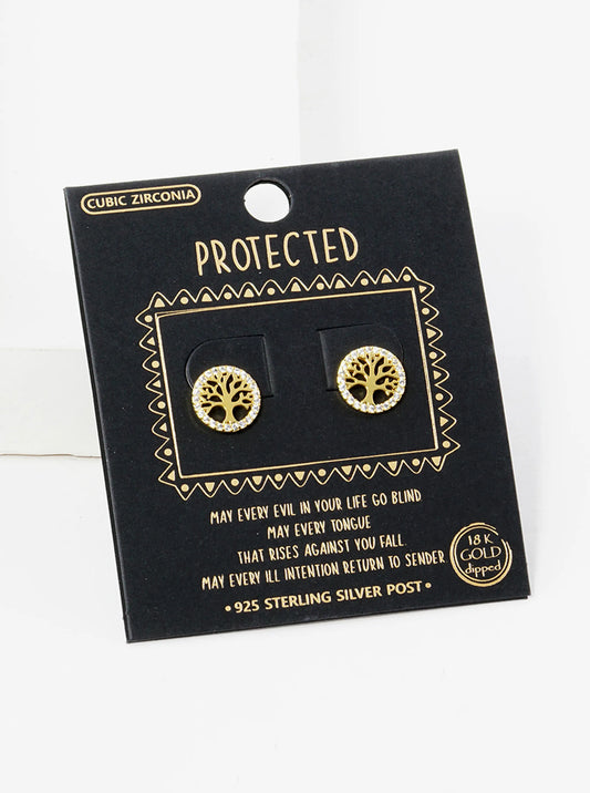 18K Gold Dipped 10mm Pave Set CZ Tree Of Life Stud Earrings