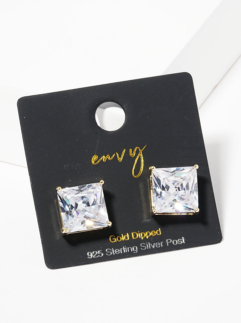 18K Gold Dipped 10mm Square CZ Sterling Silver Post Stud Earrings