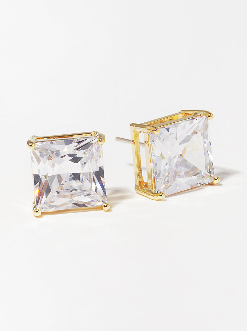 18K Gold Dipped 10mm Square CZ Sterling Silver Post Stud Earrings