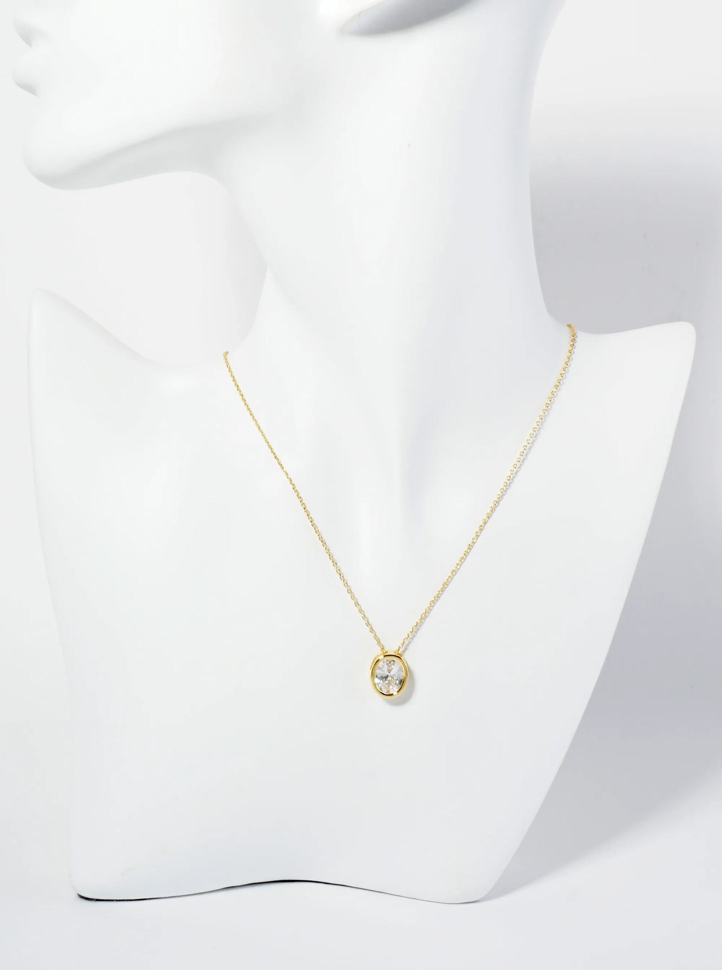 18K Gold Dipped 12mm Bezel Set CZ Oval Pendant Necklace