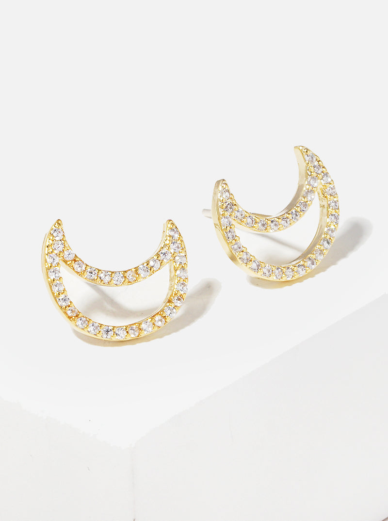 18K Gold Dipped 12mm CZ Moon Sterling Silver Post Stud Earrings