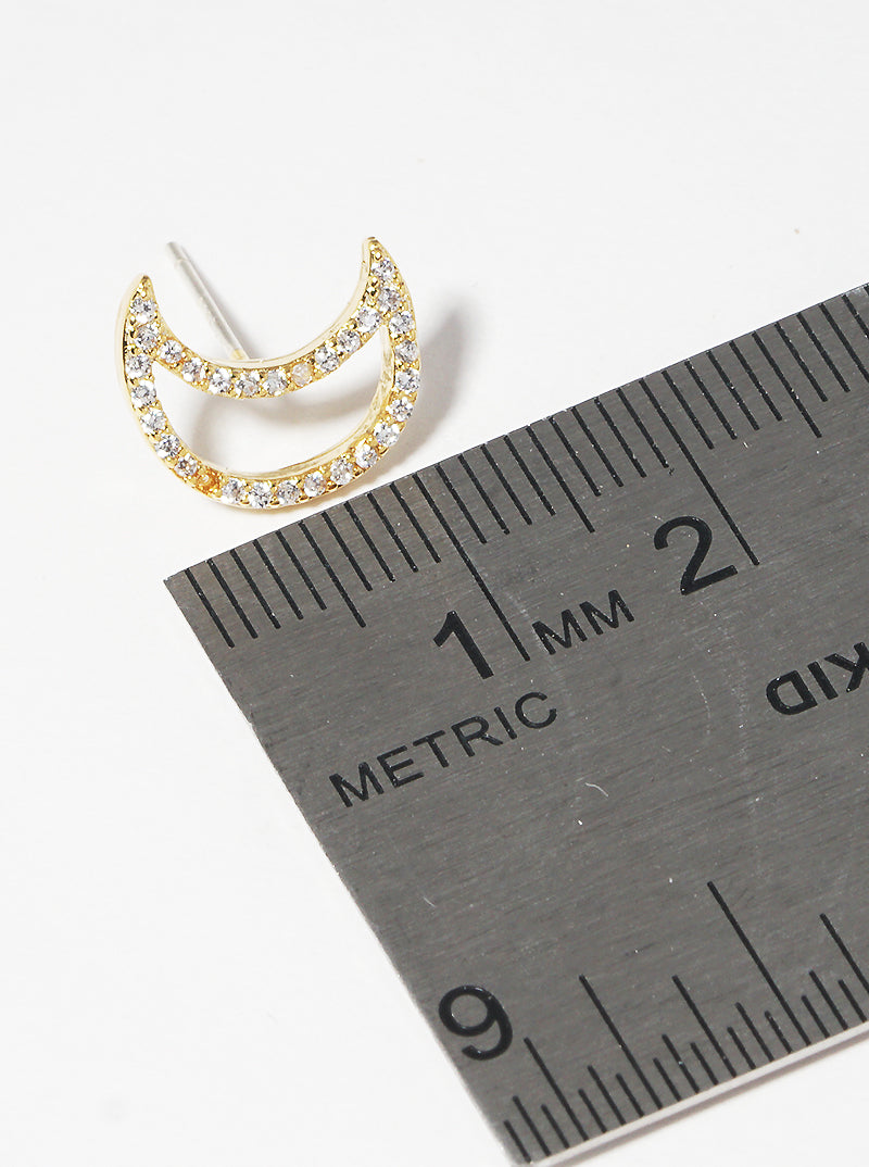 18K Gold Dipped 12mm CZ Moon Sterling Silver Post Stud Earrings