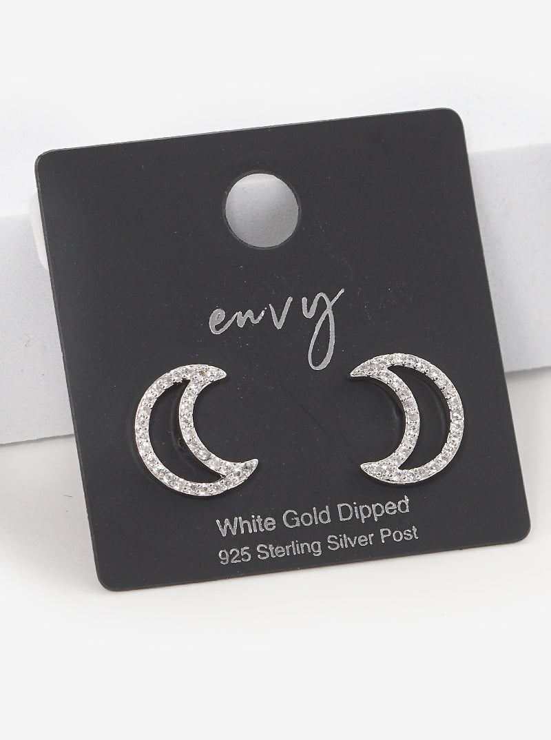 18K Gold Dipped 12mm CZ Moon Sterling Silver Post Stud Earrings
