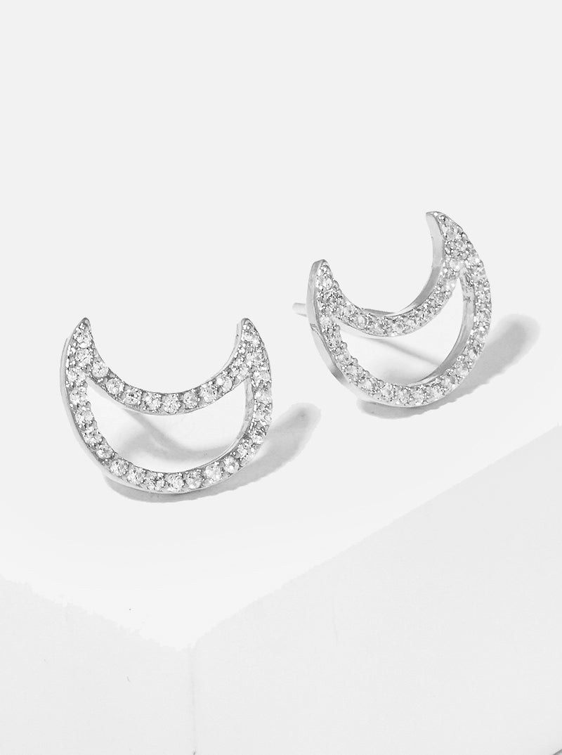 18K Gold Dipped 12mm CZ Moon Sterling Silver Post Stud Earrings