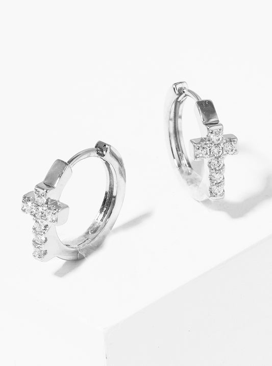 18K Gold Dipped 12mm CZ Pave Cross Huggie Earrings