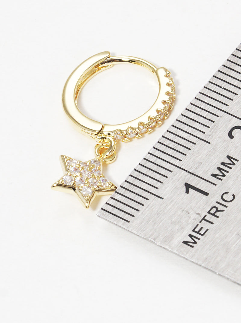 18K Gold Dipped 12mm CZ Pave Huggie Hoop Earrings With Star Drop