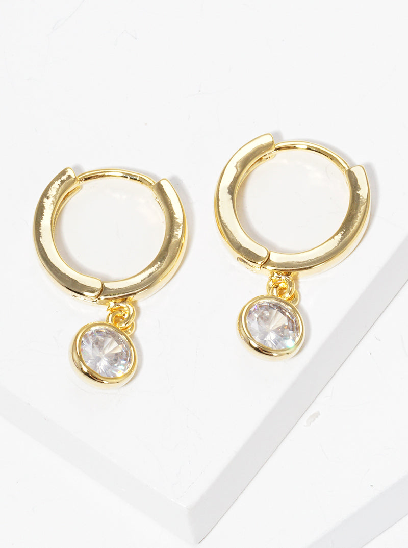 18K Gold Dipped 12mm Huggie Hoop Earrings With Round CZ Drop