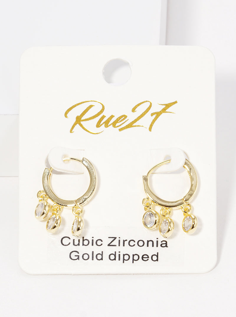 18K Gold Dipped 12mm Huggie Hoop Earrings With Tri Round CZ Stone Drop