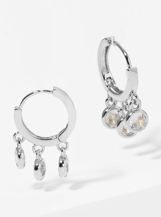 18K Gold Dipped 12mm Huggie Hoop Earrings With Tri Round CZ Stone Drop