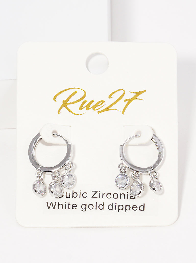 18K Gold Dipped 12mm Huggie Hoop Earrings With Tri Round CZ Stone Drop
