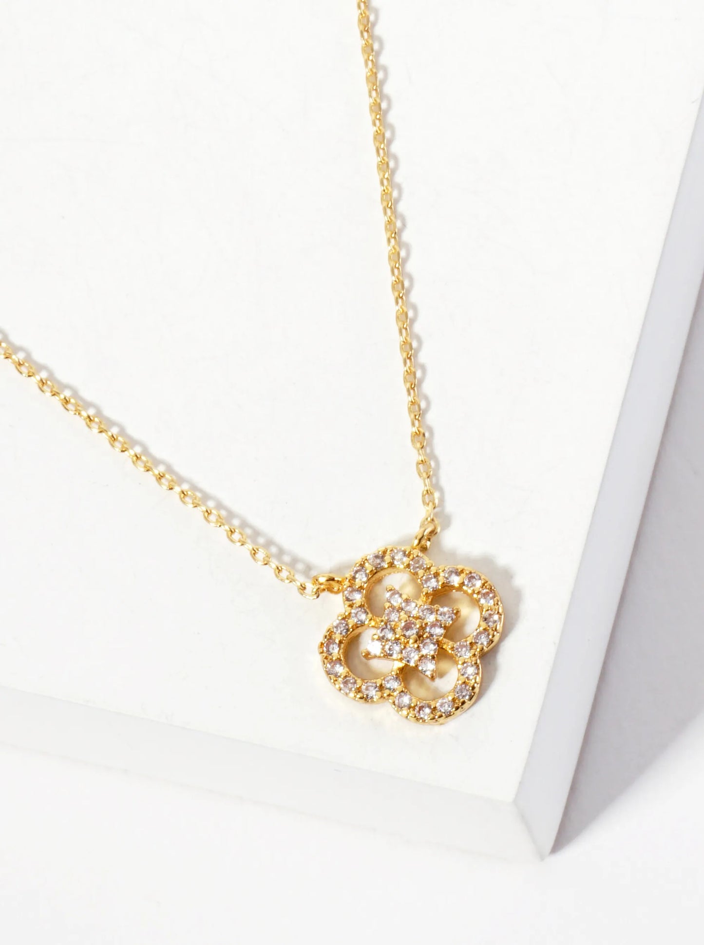 18K-Gold-Dipped 12mm Pave-Set Cubic-Zirconia Quatrefoil Pendant Necklace