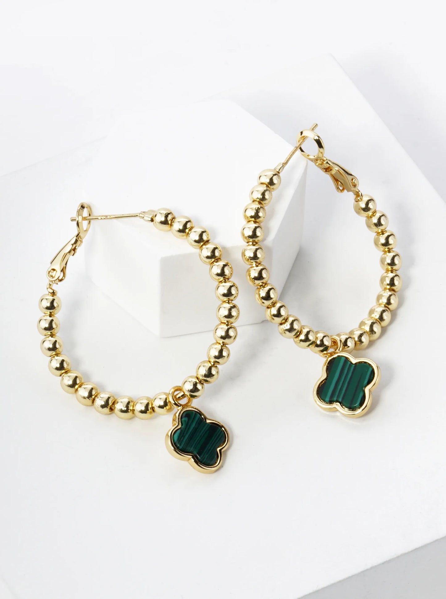 18K Gold Dipped 12mm Quatrefoil Drop 30mm Ball Beaded Leverback Hoop Earrings