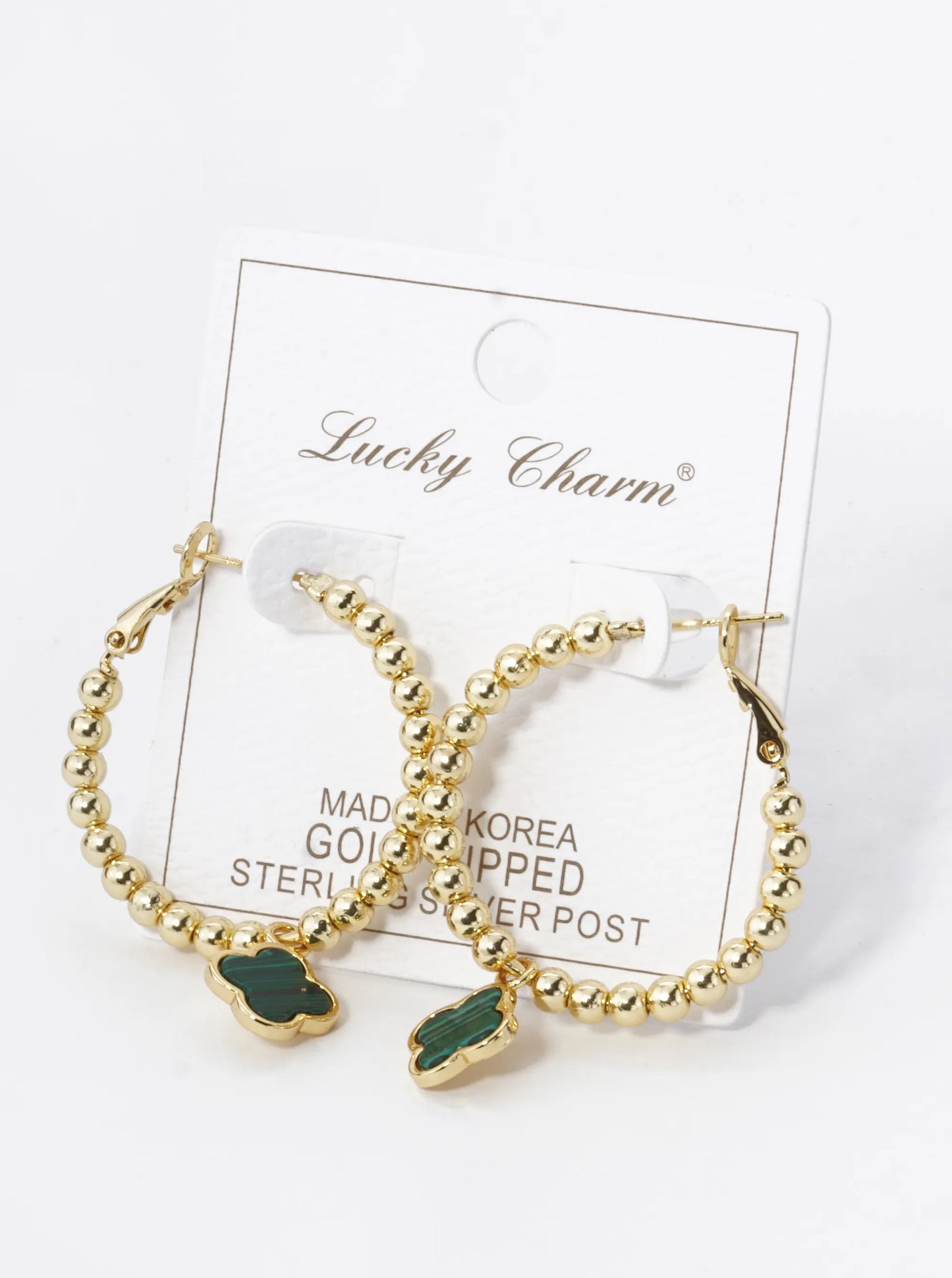18K Gold Dipped 12mm Quatrefoil Drop 30mm Ball Beaded Leverback Hoop Earrings