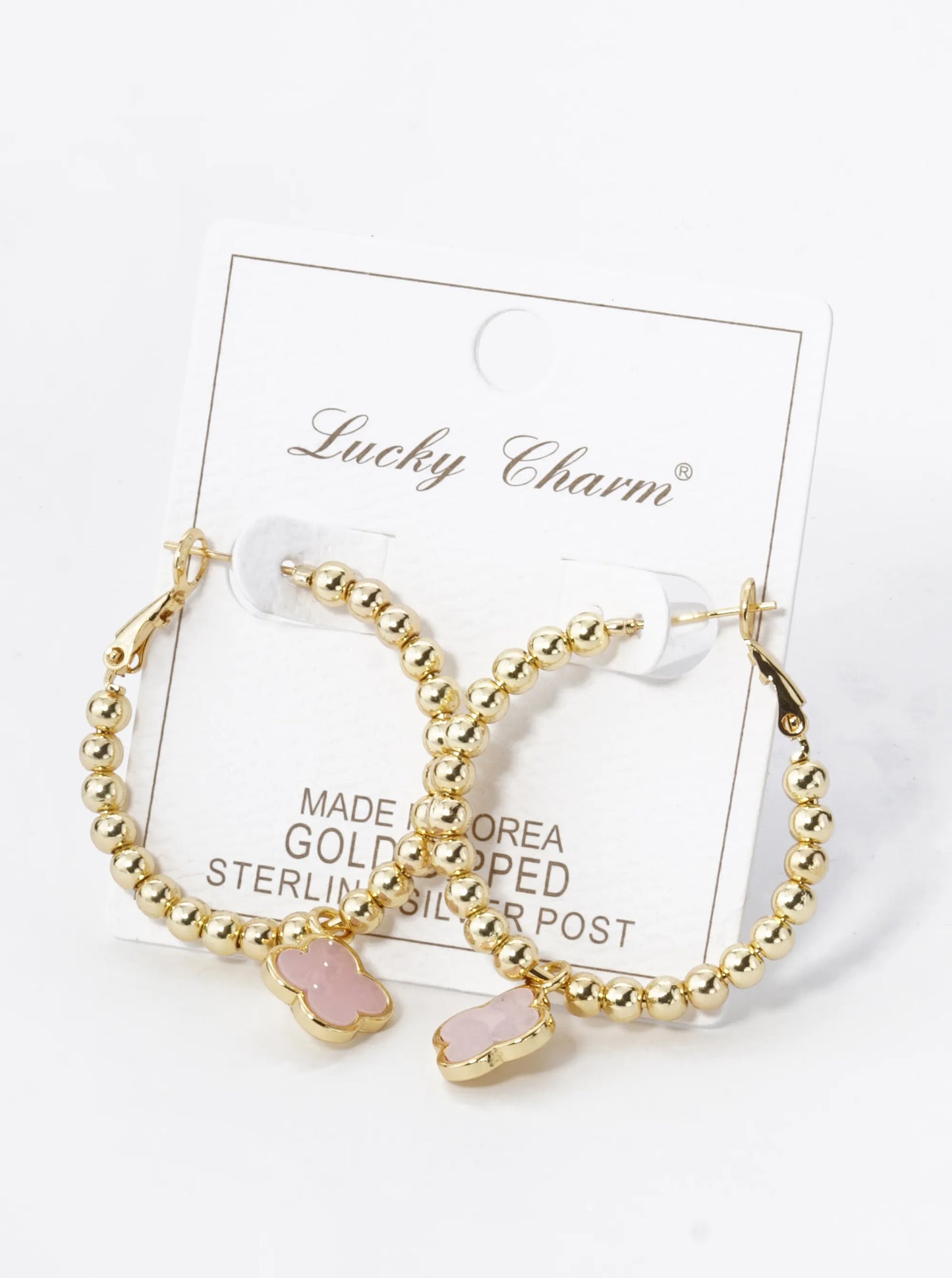 18K Gold Dipped 12mm Quatrefoil Drop 30mm Ball Beaded Leverback Hoop Earrings