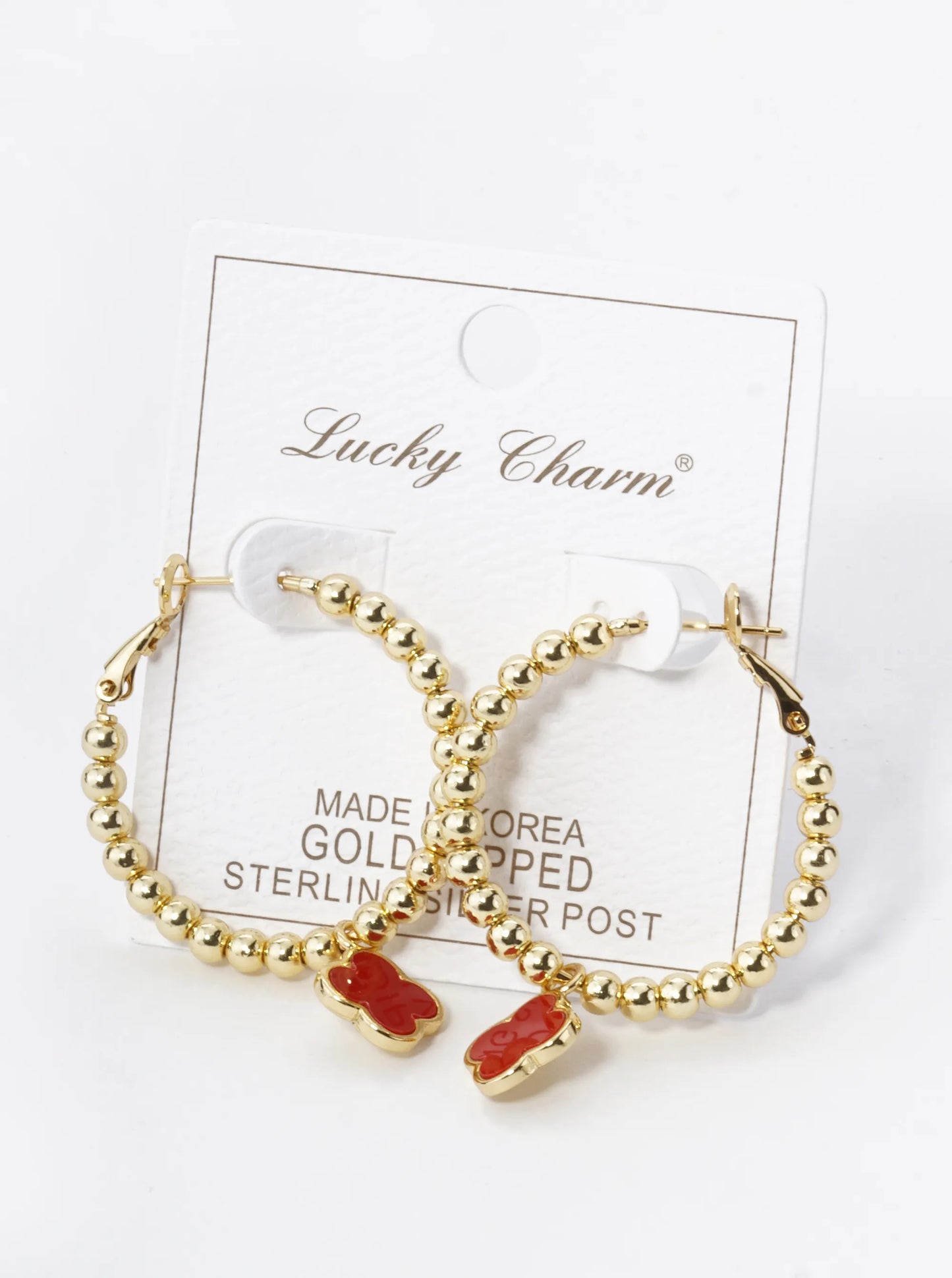 18K Gold Dipped 12mm Quatrefoil Drop 30mm Ball Beaded Leverback Hoop Earrings