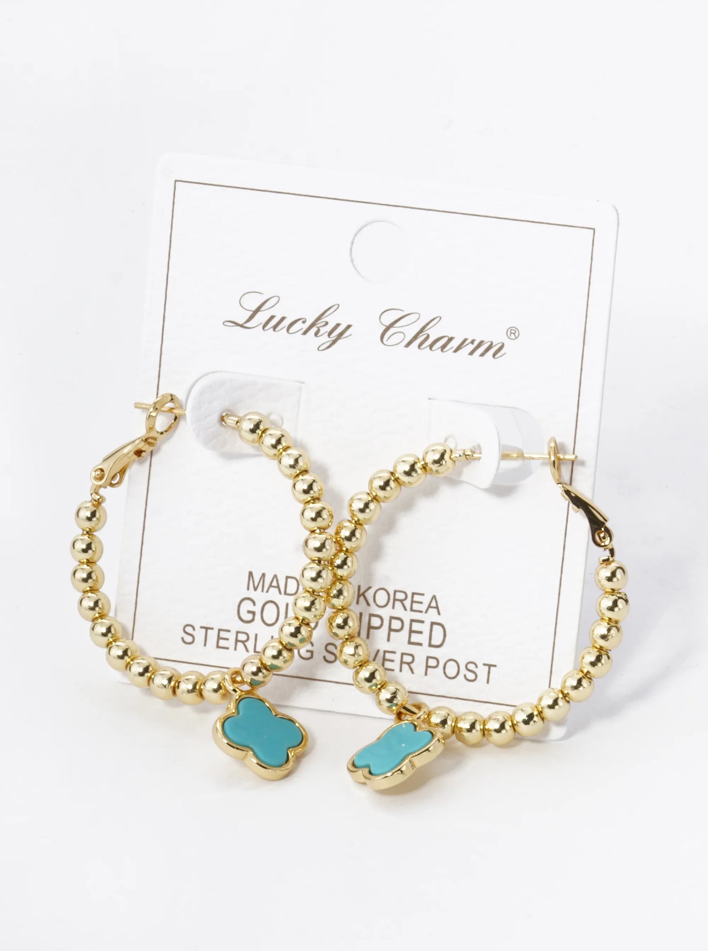 18K Gold Dipped 12mm Quatrefoil Drop 30mm Ball Beaded Leverback Hoop Earrings