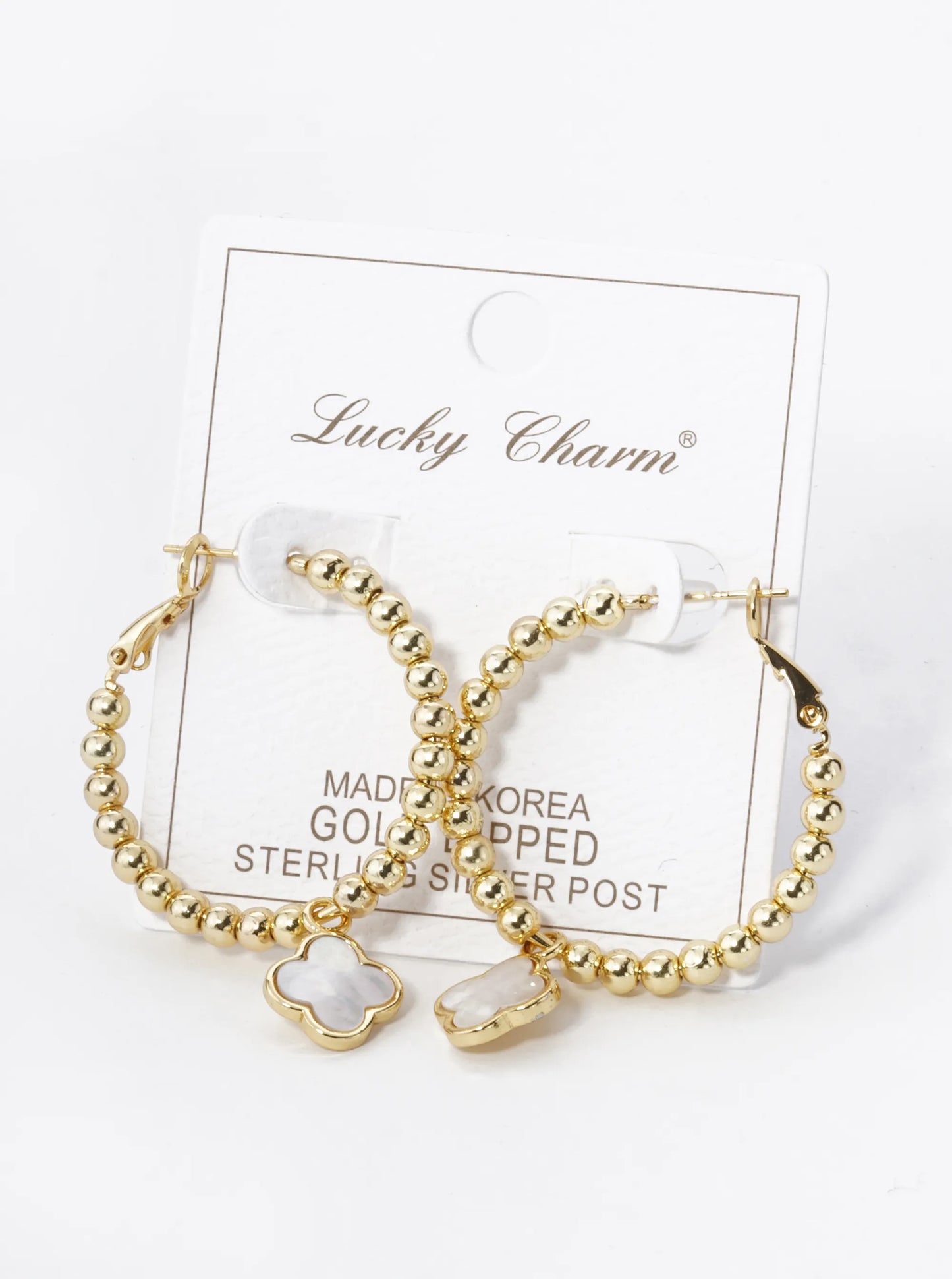 18K Gold Dipped 12mm Quatrefoil Drop 30mm Ball Beaded Leverback Hoop Earrings