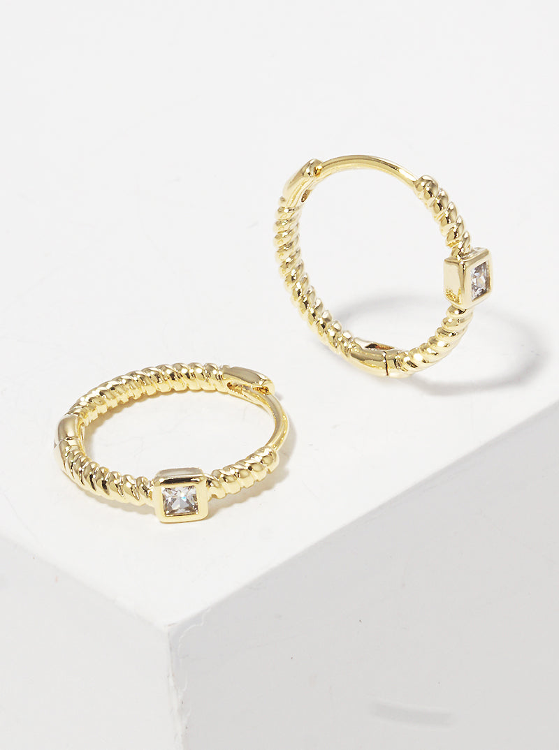18K Gold Dipped 12mm Rectangle CZ Studded Textured Huggie Hoop Earrings