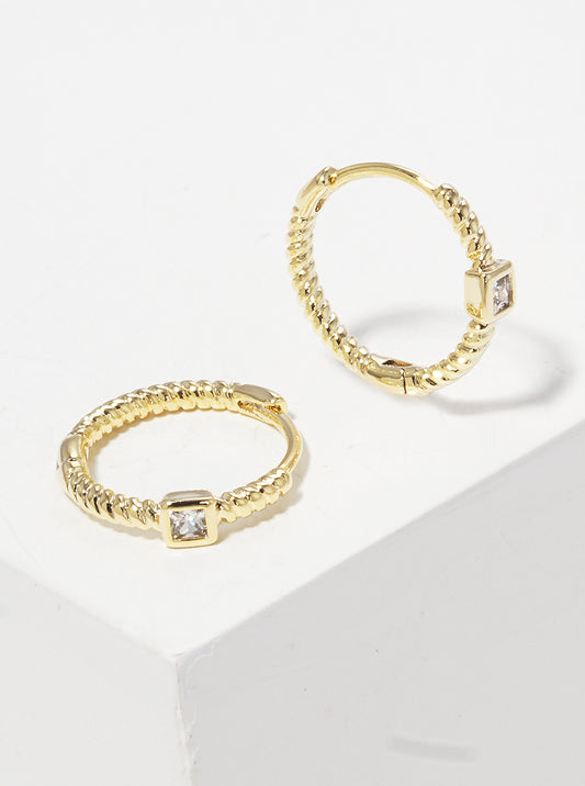 18K Gold Dipped 12mm Rectangle CZ Studded Textured Huggie Hoop Earrings