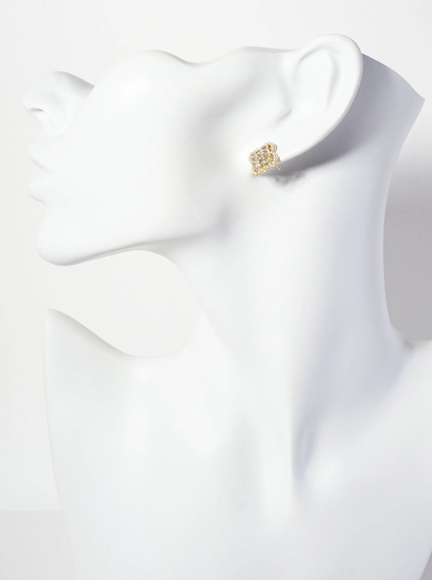 18K-Gold-Dipped 13mm CZ-Set Quatrefoil Stud Earrings With Pave Glass Pearl Frame
