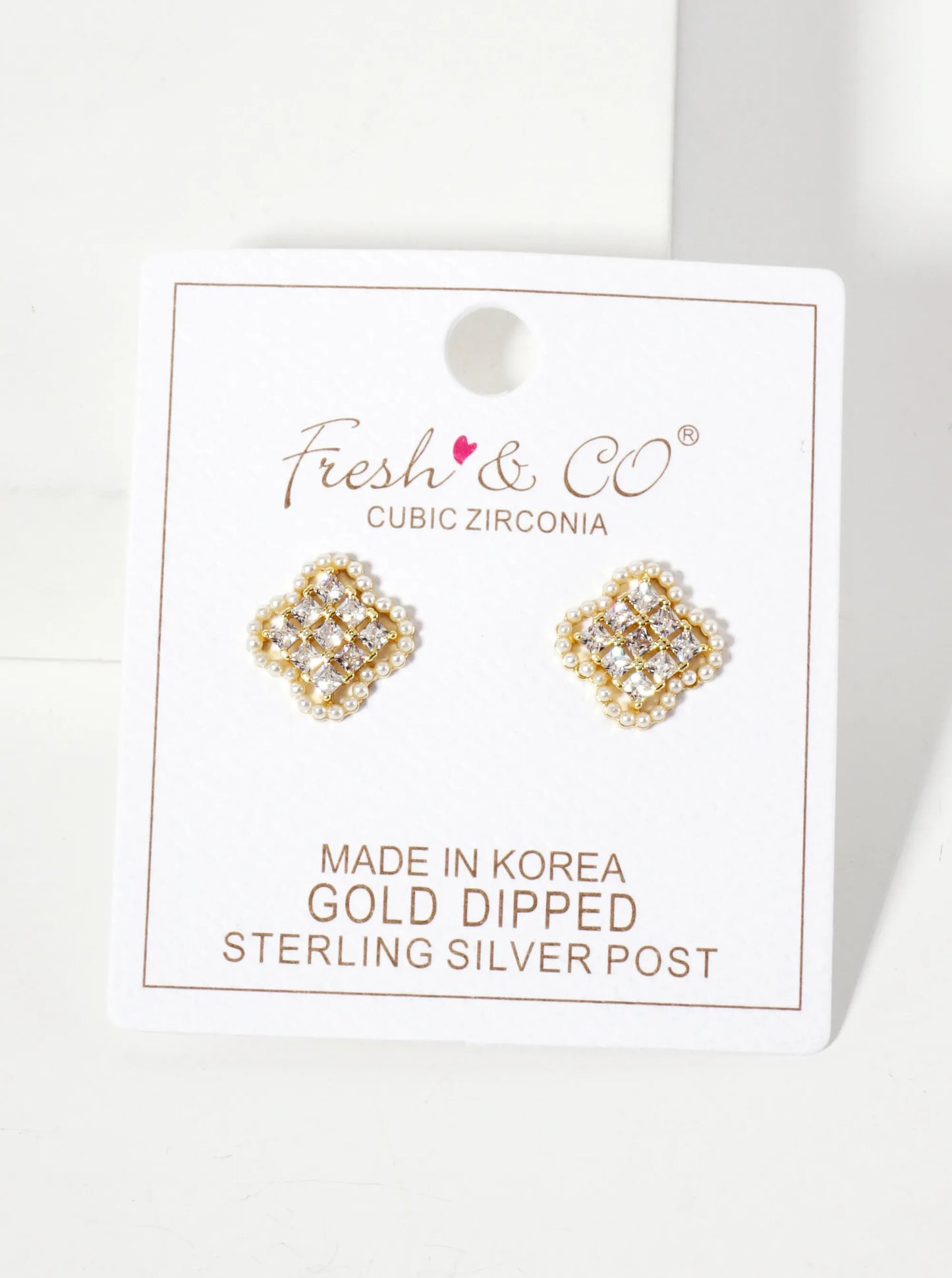 18K-Gold-Dipped 13mm CZ-Set Quatrefoil Stud Earrings With Pave Glass Pearl Frame