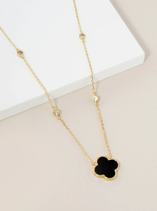 18K Gold Dipped 13mm Quatrefoil Pendant CZ Stone Chain Necklace
