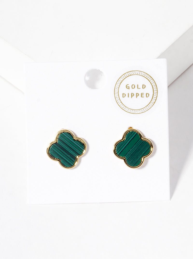 18K Gold Dipped 13mm Semi-Precious Quatrefoil 925 Sterling Silver Post Stud Earrings