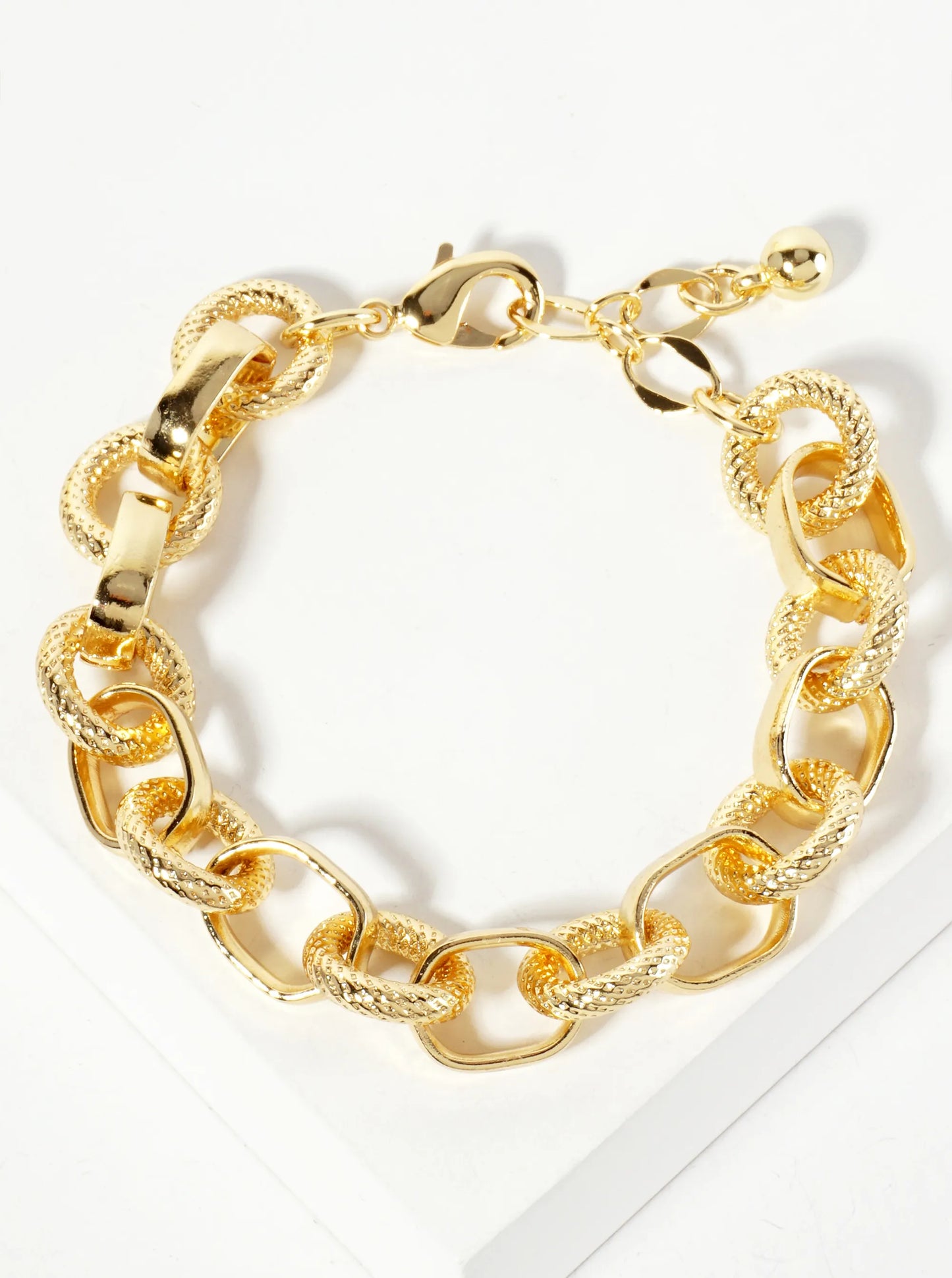 18K-Gold-Dipped 13mm Textured Round Oval-Shaped Polished Brass Chain Bracelet